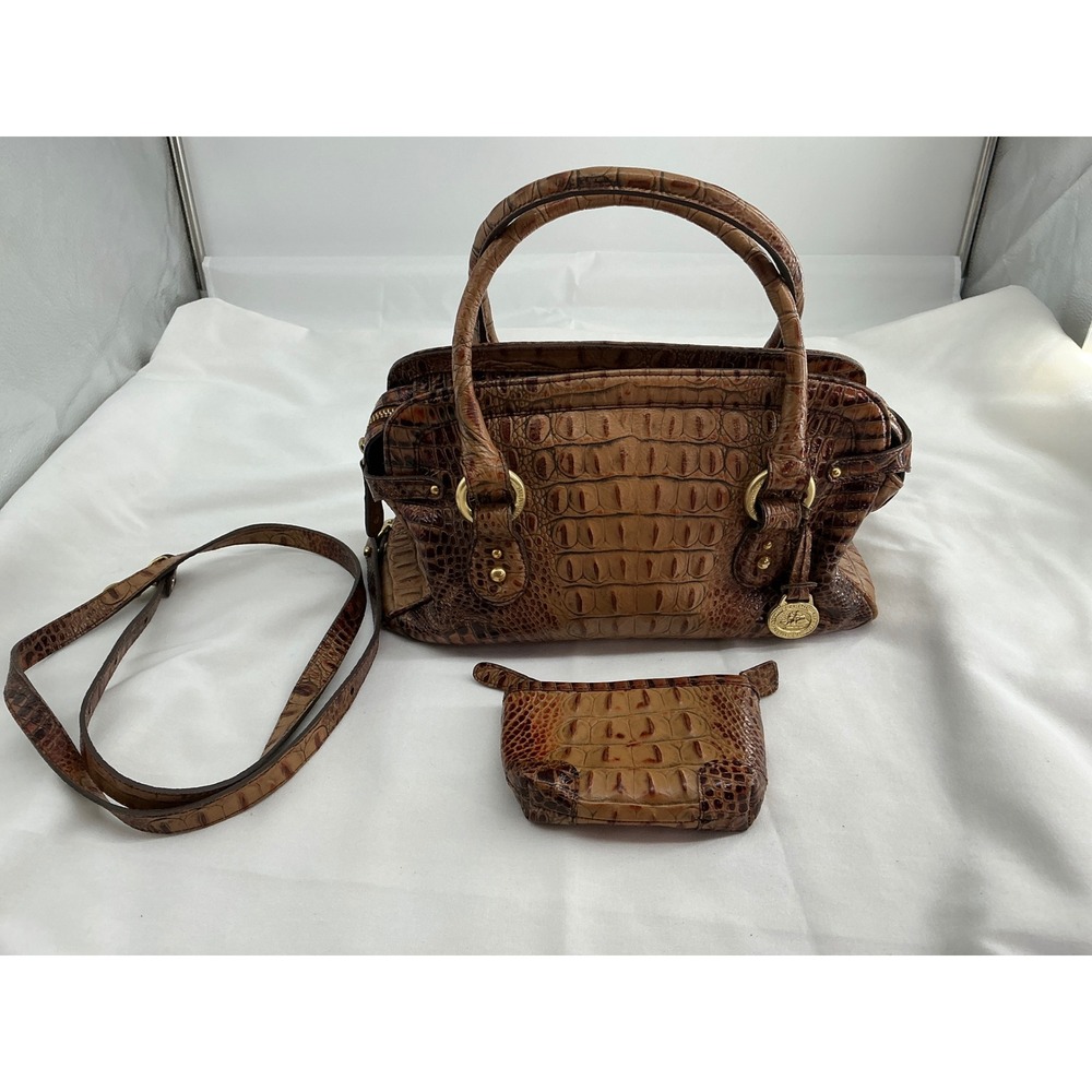Brahmin Pecan Melbourne Croc Embossed Leather Satchel Handbag with Pouch